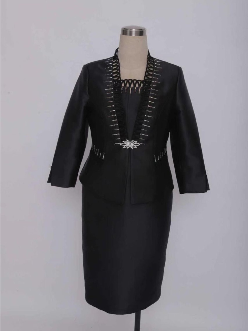 Black Women's Tailored Blazer with Decorative Trim and Center Clasp